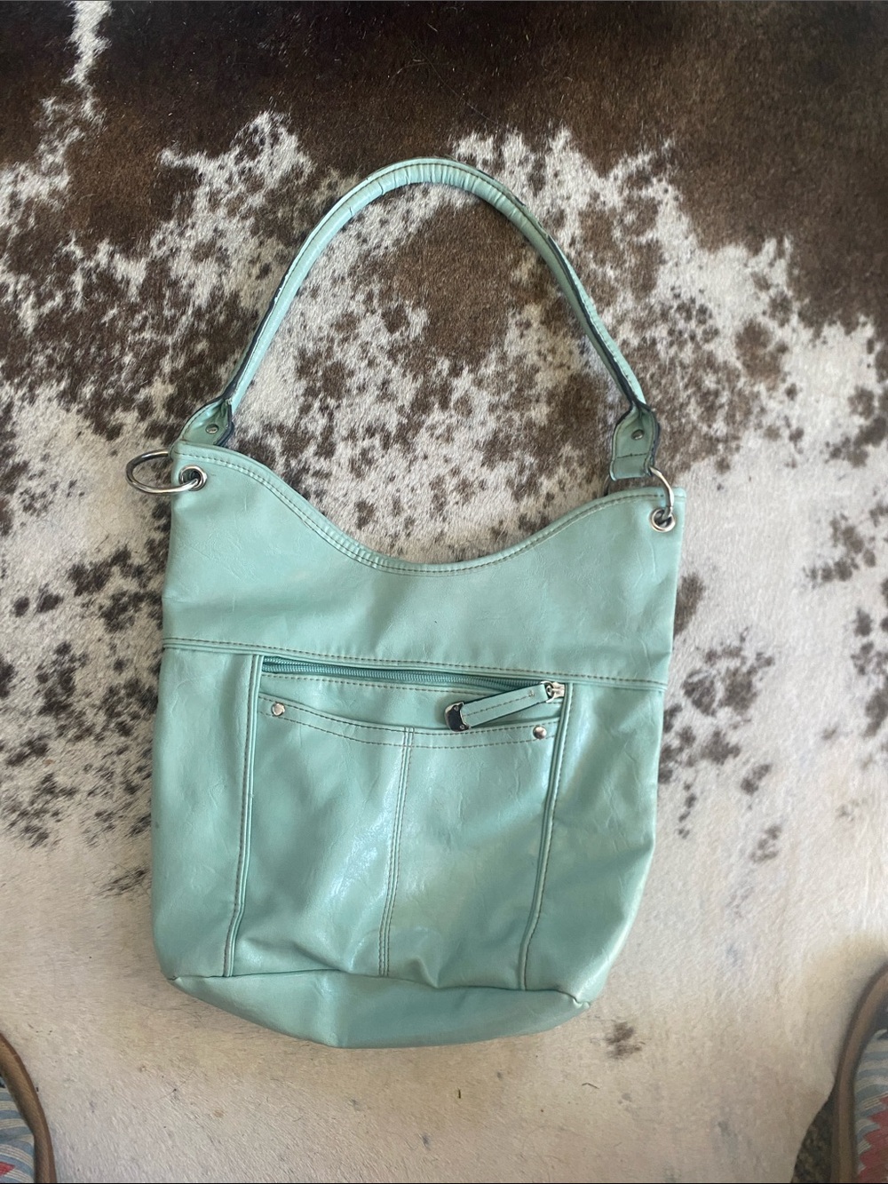 Soft Mint Green Leather Shoulder Bag with Front Zip Pocket